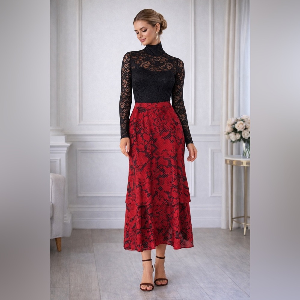 NWOT ANN TAYLOR | Candy Red Python Tiered-Ruffle Midi Skirt SIZE